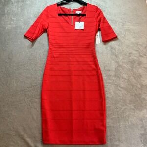Bisou Bisou Michele Bohbot Red Bandage Sheath Dress Square Neck Short Sleeve 4